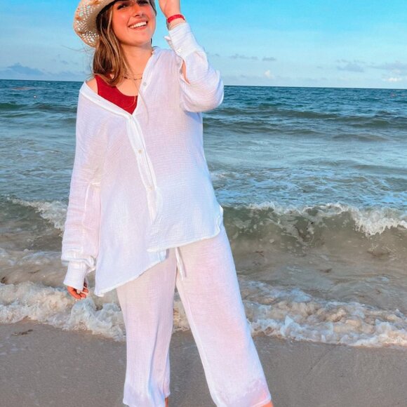 Women's Italian Cotton Gauze Pants | White - Picture 5 of 6